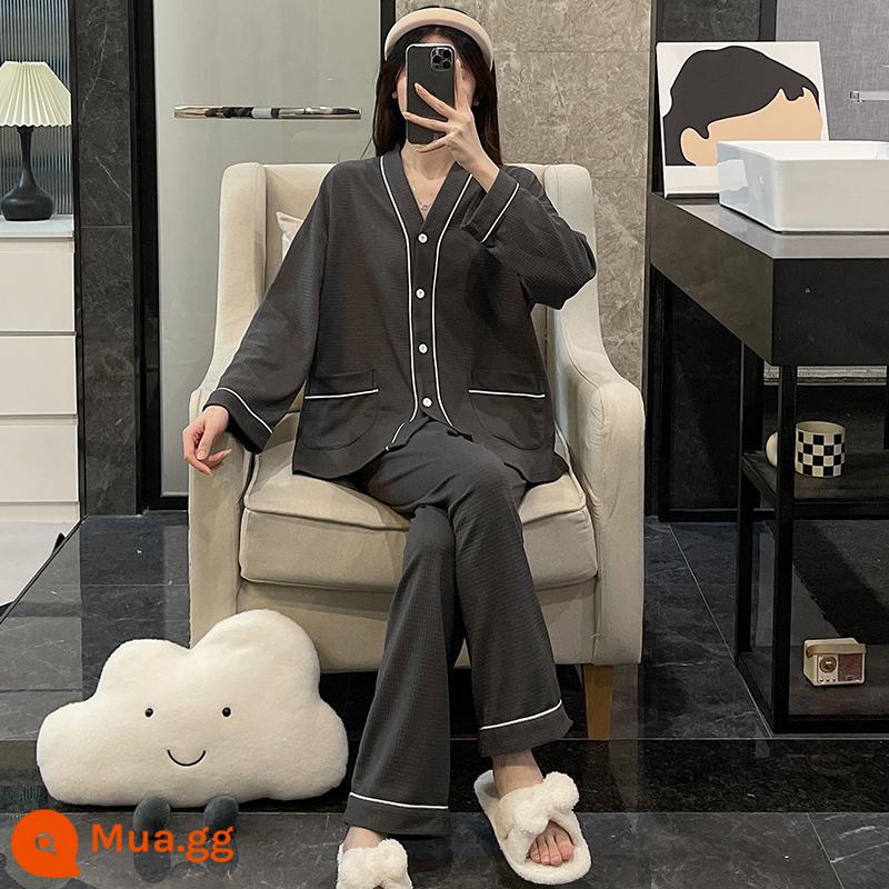 Bộ đồ ngủ nữ mùa xuân và mùa thu 2022 cotton dài tay cỡ lớn màu đen lưới đỏ phong cách áo khoác ngoài mùa đông phù hợp với dịch vụ tại nhà - Bạc WD-2173 xám đen