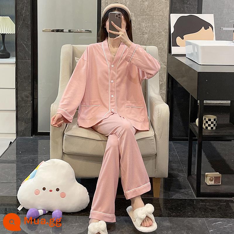 Bộ đồ ngủ nữ mùa xuân và mùa thu 2022 cotton dài tay cỡ lớn màu đen lưới đỏ phong cách áo khoác ngoài mùa đông phù hợp với dịch vụ tại nhà - WD-2179-hồng