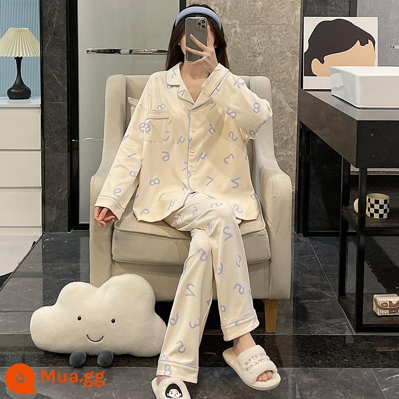 Bộ đồ ngủ nữ xuân thu dài tay cotton nguyên chất 2022 cotton mới size lớn 200 catties lưới đỏ bộ đồ đông hè phục vụ tận nhà - Peacock Blue DJ-1538 Blue Digital