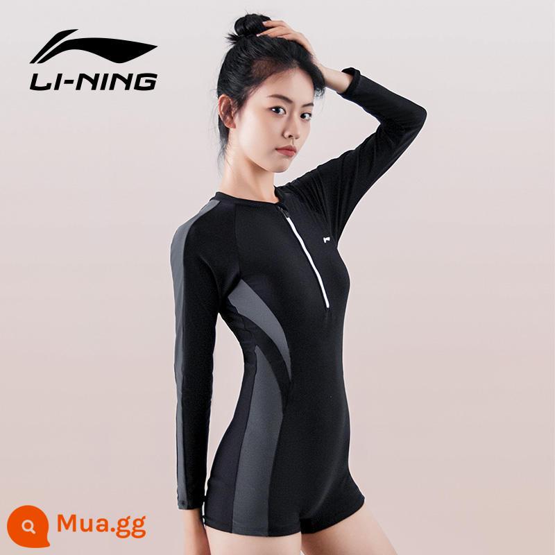 Áo tắm Li Ning nữ 2023 chuyên nghiệp mới che bụng thon gọn bảo thủ suối nước nóng áo tắm cỡ lớn - Áo dài tay đen xám 018 nâng cấp [chống nắng và ôm vừa vặn]