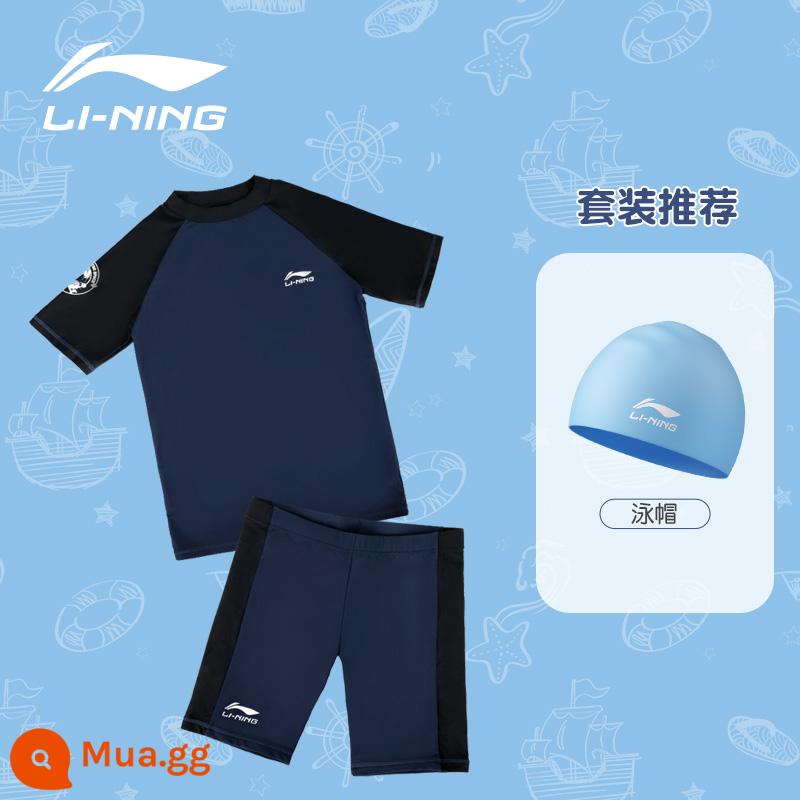 Đồ bơi trẻ em Li Ning bé trai hai mảnh 2022 quần bơi trẻ em trung và lớn mới chống nắng chuyên nghiệp đào tạo suối nước nóng bé trai - Mũ bơi + xanh đen cổ điển