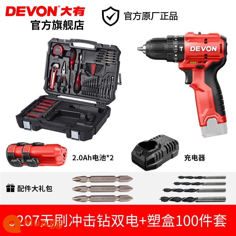 Máy khoan điện Dayou DD12 máy khoan điện gia đình pin sạc máy khoan điện lithium dụng cụ điện hoàn chỉnh máy khoan điện tuốc nơ vít điện - Pin kép 5207 chuẩn + hộp nhựa bộ 100 cái