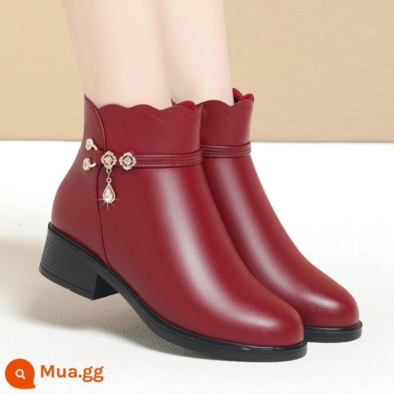 Mom Leather Short Boots Nữ cộng với nhung, Giày cao gót giày cao gót giày bông Nữ 2022 Mùa đông mới dày cộng với đôi giày cotton trẻ em - 3009 đỏ tía phối nhung, gót thấp 3cm