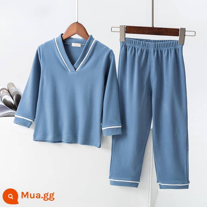 Bộ đồ trẻ em Derong mùa xuân, mùa thu và mùa đông lưới màu đỏ cho bé cotton nguyên chất dáng rộng dài phiên bản đồ ngủ phục vụ tại nhà trong bộ đồ trẻ em lớn cổ chữ V - màu xanh da trời