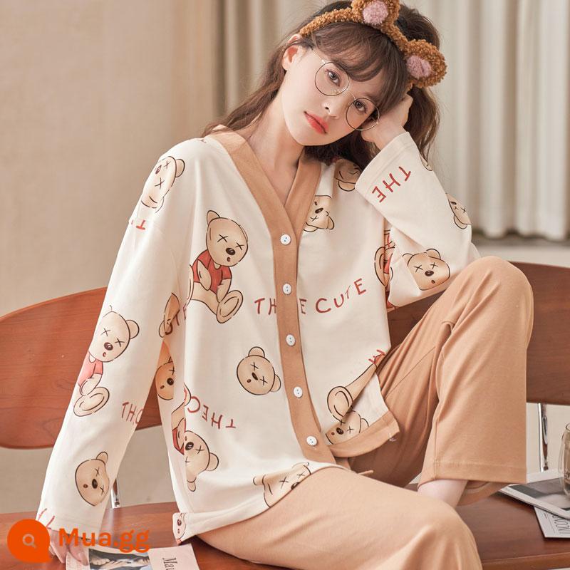 Bộ đồ thể thao nữ mùa xuân và mùa thu 2022 mới kích thước lớn giản dị cotton dày mùa thu và đầu mùa thu hai mảnh mùa thu tràn đầy sức sống cô gái - Ôm gấu cổ chữ V