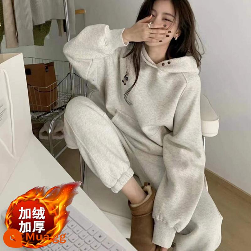 Mùa Thu Đông Áo Thể Thao Phù Hợp Với Nữ 2022 Thời Trang Mới Học Sinh Nước Ngoài Nỉ Hoodie 2 Bộ - Áo len + quần màu xám hoa [kiểu nhung và dày]