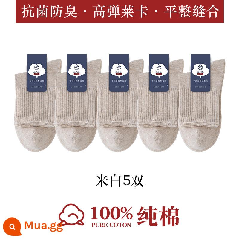 Mùa xuân và mùa thu 100% cotton vớ thể thao đến giữa bắp chân của phụ nữ khử mùi thấm mồ hôi kháng khuẩn mùa thu đông vớ cotton đen trắng - 5 đôi màu trắng nhạt