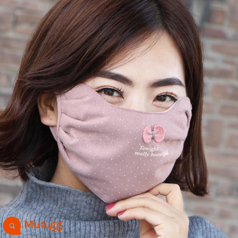 Mặt nạ nữ mùa đông dễ thương ấm áp và chống lạnh vải lanh cotton vải dày thoáng khí có thể giặt được góc mắt toàn mặt mùa đông - Nơ cotton và vải lanh màu tím