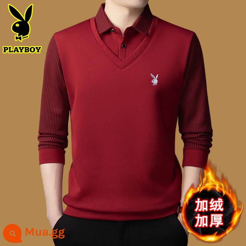 Playboy giả hai chiếc áo len nam nhung dày cổ áo sơ mi mùa đông 2023 mới thường ngày áo len len ấm áp - Màu đỏ 7100 kiểu cộng với nhung và dày