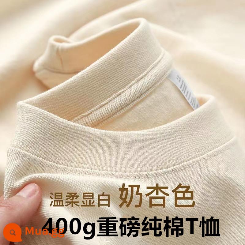 Màu trắng ngà nặng 400g cotton nguyên chất ngắn tay dày đục màu áo thun dáng rộng cổ tròn nửa tay nam nữ có đáy áo sơ mi - Màu mơ sữa [400g bông nặng]