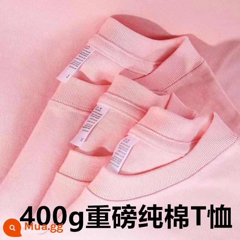 Màu trắng ngà nặng 400g cotton nguyên chất ngắn tay dày đục màu áo thun dáng rộng cổ tròn nửa tay nam nữ có đáy áo sơ mi - Hồng đào [400g cotton nặng]