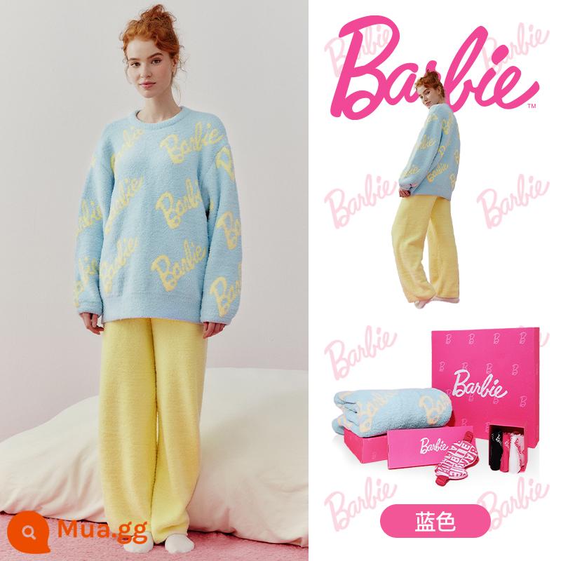 [BARBIE Barbie] Bộ đồ ngủ lông cừu màu san hô cho nữ mùa đông mới 2022 cộng nhung dày phục vụ tại nhà phù hợp với nữ - Bộ hộp quà 5 món màu xanh