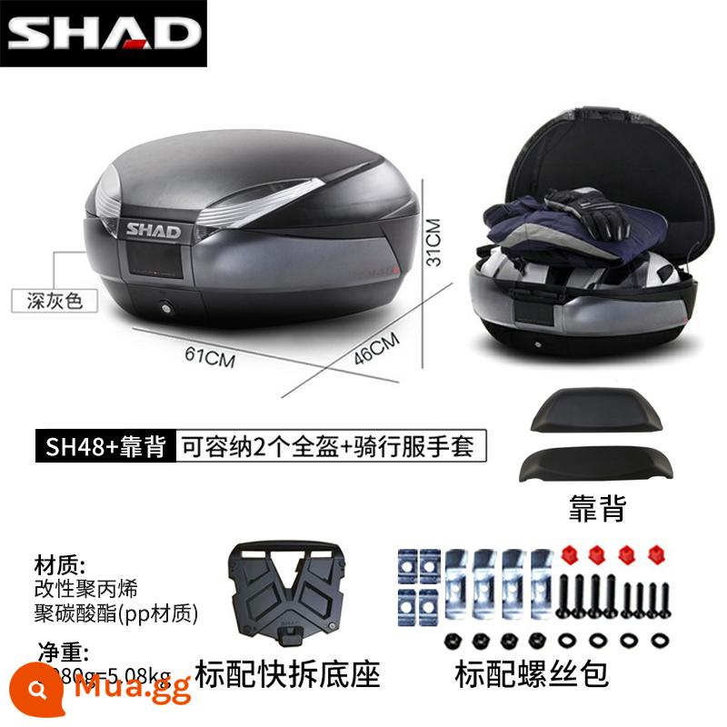 cốp xe shad 39/48/33BMWC400GTPCX160TR300 cốp xe máy Fosha 350 - (Tặng lót) Hộp đuôi SH48 xám đen + tựa lưng + đế tháo nhanh