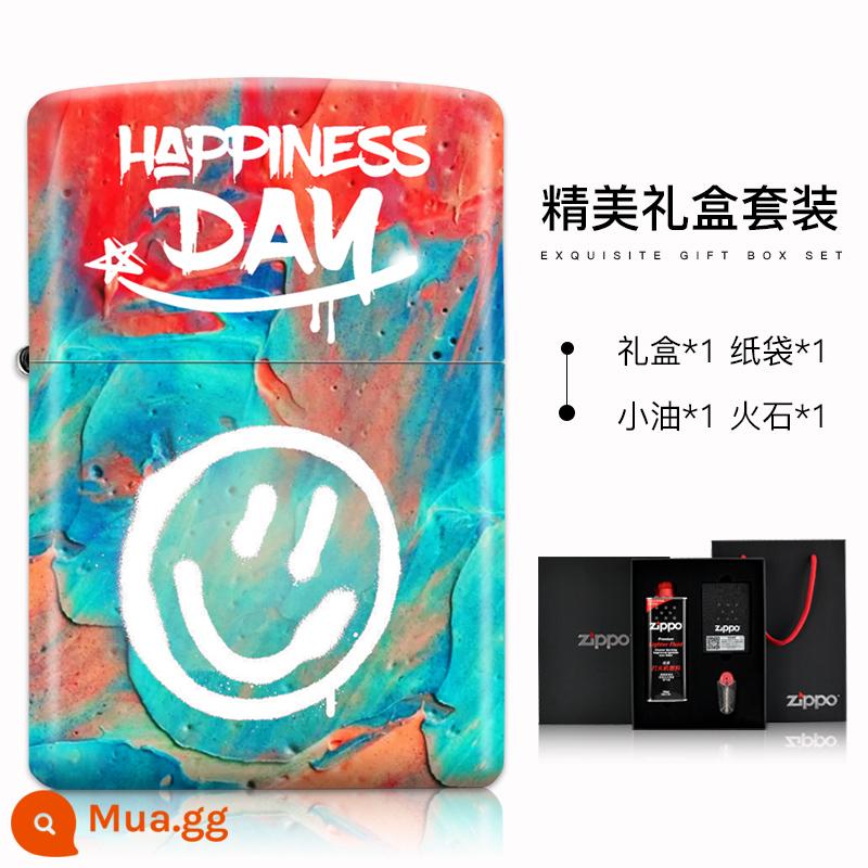 Bật lửa Zippo chính hãng chính hãng cầu vồng graffiti mặt cười dây kéo chính hãng Trang web chính thức Zippo gửi bạn trai - Mặt Cười Màu Trắng-Trắng (Bộ Hộp Quà)