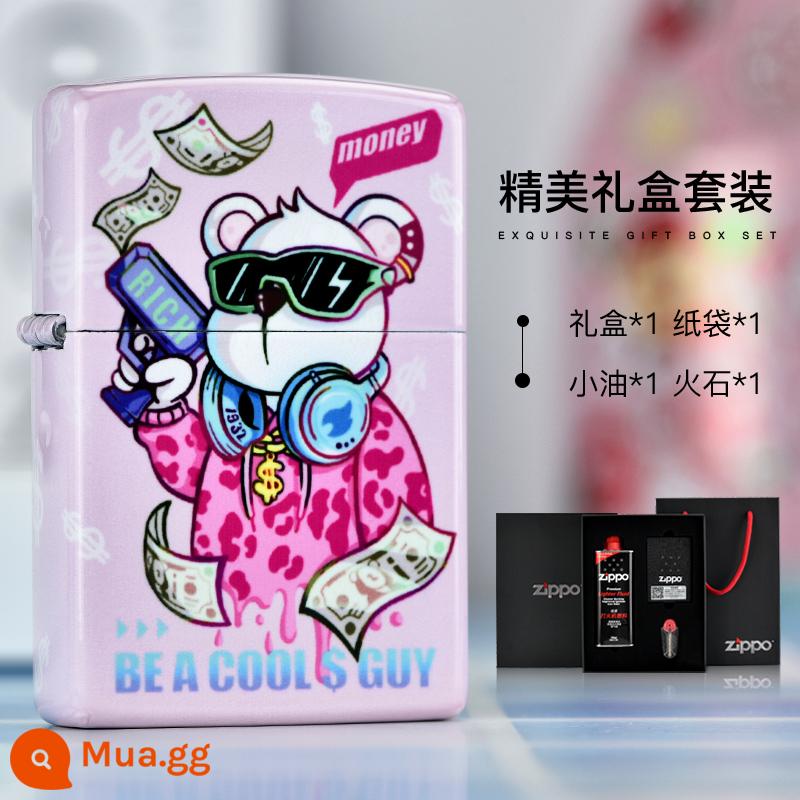 Bật lửa zippo chính hãng zoop rich bear chính hãng chính hãng kho báu quà tặng ngày lễ tình nhân cho bạn trai - Rich Bear-Hồng (Bộ hộp quà)