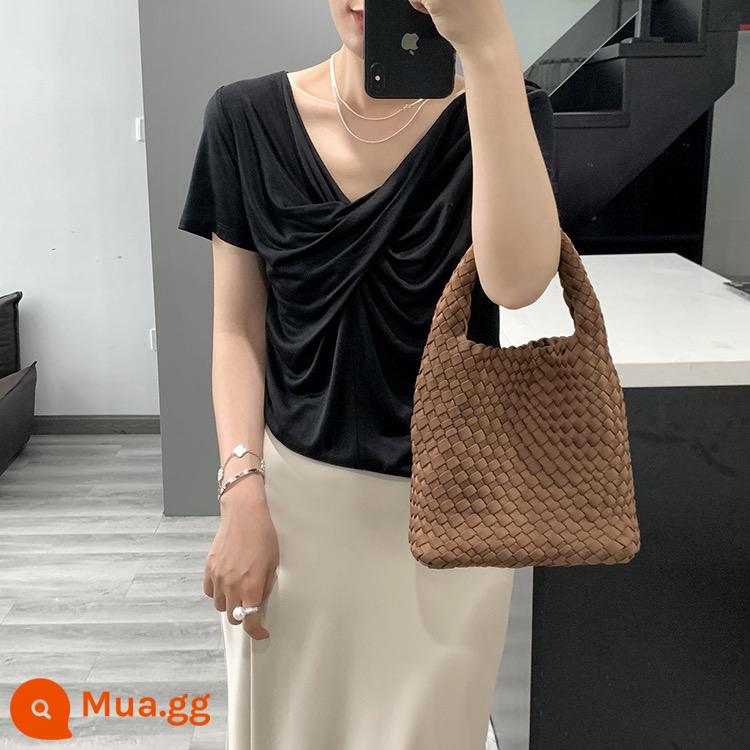 Túi dệt tay Niche Túi tote dung tích lớn Túi nữ cầm tay đơn giản Túi sát nách một vai Túi vải nylon - Màu cà phê vừa, có túi lót dệt, khăn lụa và dây đeo vai.