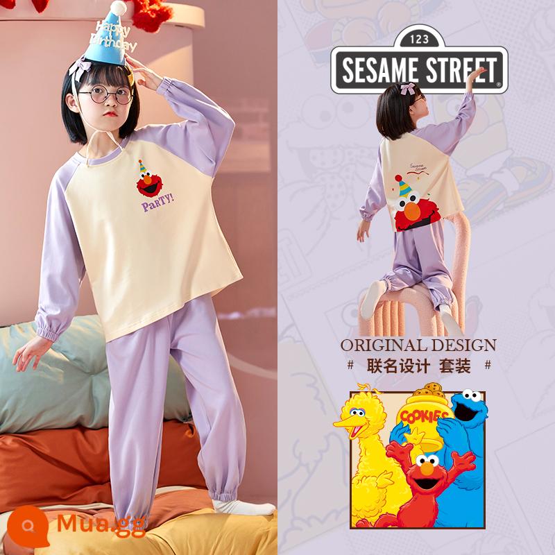 Sesame Street Bộ đồ ngủ trẻ em Bé gái Cotton nguyên chất Mùa xuân và Mùa thu Phần mỏng Bộ đồ dài tay Bộ quần áo mặc ở nhà cho bé gái và trẻ lớn dễ thương - SJ-ZMJ6861