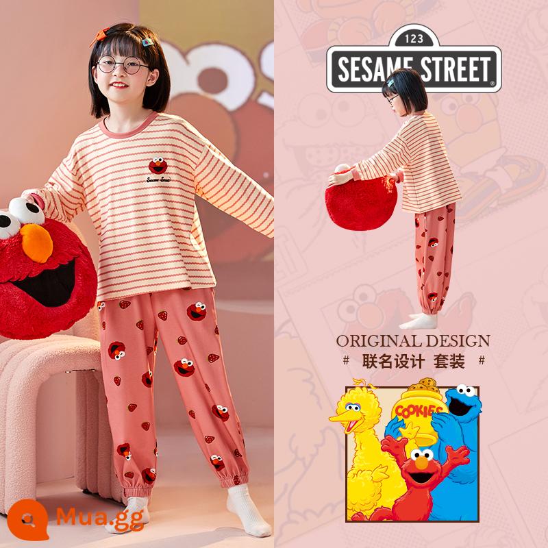 Sesame Street Bộ đồ ngủ trẻ em Bé gái Cotton nguyên chất Mùa xuân và Mùa thu Phần mỏng Bộ đồ dài tay Bộ quần áo mặc ở nhà cho bé gái và trẻ lớn dễ thương - SJ-ZMJ6866