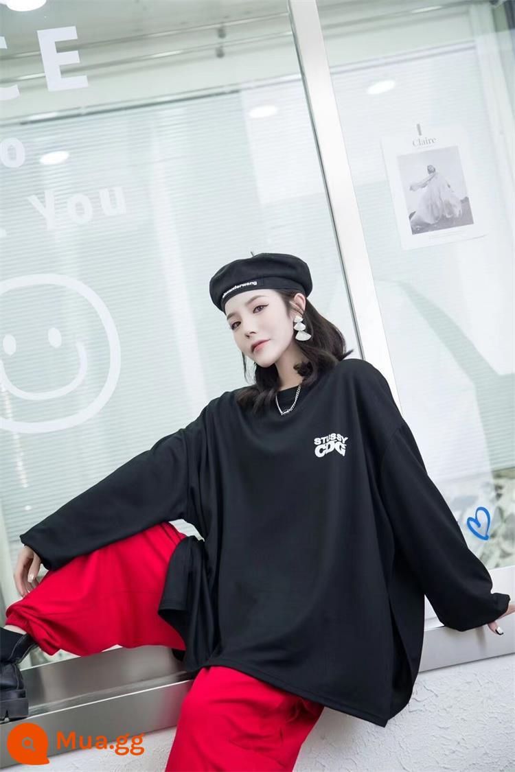 Mùa Thu Đông 2022 Mới Phong Cách Hàn Quốc Shuffle Dance Phong Cách Hip-Hop Lưới Đỏ Cùng Phong Cách Dáng Rộng Chữ T Quần Yếm Cotton Dày Dặn Bộ Hai Món - T cotton dày màu đen