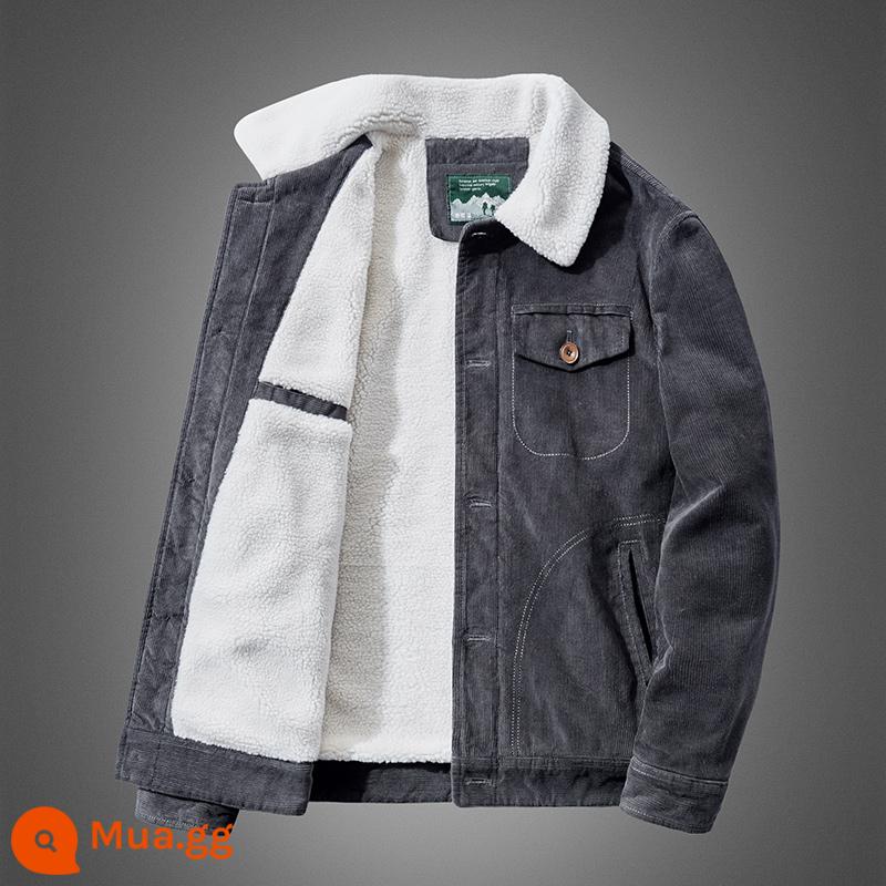 Sherpa nhung cotton áo khoác nam mùa thu đông Plus nhung dày ấm áo khoác ngắn retro kích thước lớn dụng cụ cotton quần áo - xám