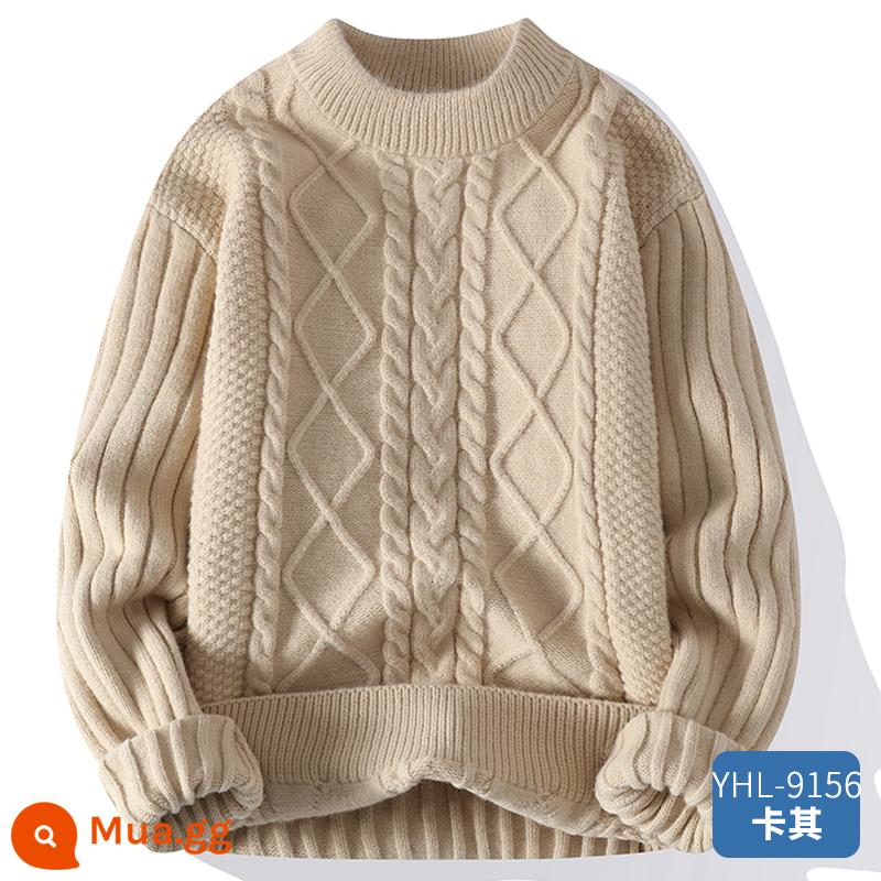 Áo len cổ tròn nam mùa thu đông rộng dày ấm cashmere bên trong áo khoác màu trơn phong cách lười biếng len dệt kim áo len - YHL-9156 Kaki