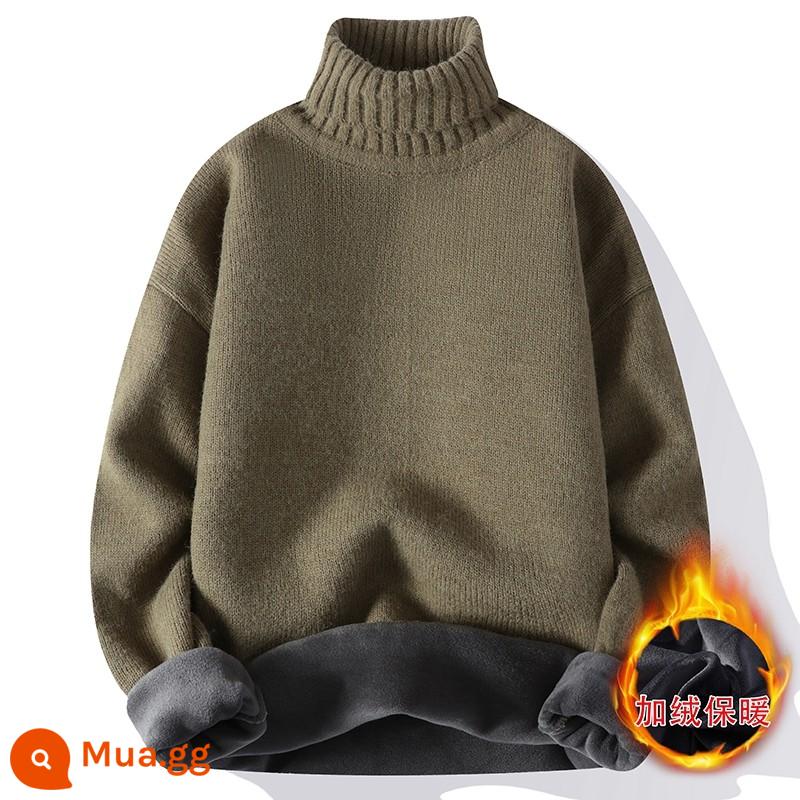 Áo len cashmere nam mùa thu đông cổ rộng nửa cao ấm áp đơn giản cộng với áo sơ mi đáy dệt kim dày nhung - 5202 màu xanh lá cây