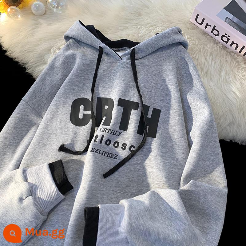 Giả Hai Mảnh Nặng Hoodie Nam Thu Đông Mỹ Triều Thương Hiệu Plus Nhung Dày Oversize Áo Khoác Cặp Đôi - xám