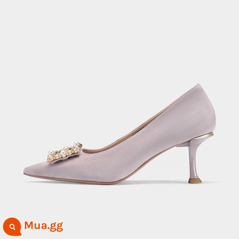 Hàng ngàn Baidu mùa thu và mùa đông giày cao gót nữ tính rhinestone khóa vuông màu đen stiletto mũi nhọn thời trang giày đơn giản thoải mái - xám