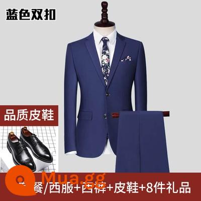 Bộ vest Luo Meng, bộ vest sinh viên đại học, bộ vest nam đi làm chuyên nghiệp đầy đủ, bộ vest nam phù rể phỏng vấn nam - Khóa đôi màu xanh--Gói C