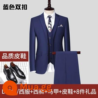 Bộ vest Luo Meng, bộ vest sinh viên đại học, bộ vest nam đi làm chuyên nghiệp đầy đủ, bộ vest nam phù rể phỏng vấn nam - Khóa đôi màu xanh - Gói D