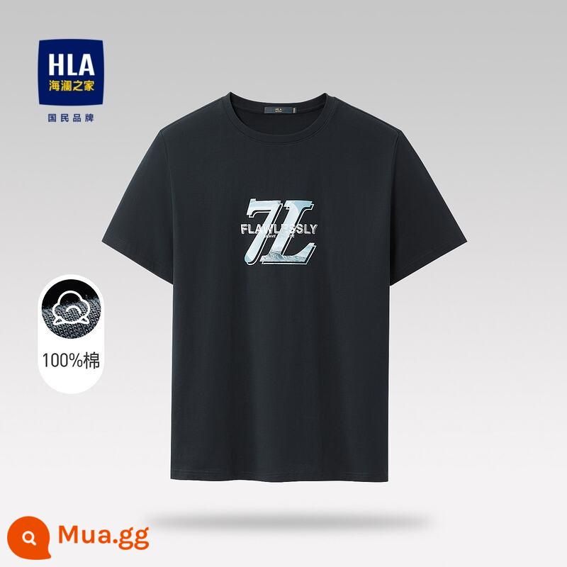 HLA/Hailan House Áo thun ngắn tay cổ tròn cotton nguyên chất mùa hè thoáng mát in hình cotton thoải mái thoáng khí Áo thun nam hàng đầu - Họa tiết xanh navy N0 100% cotton