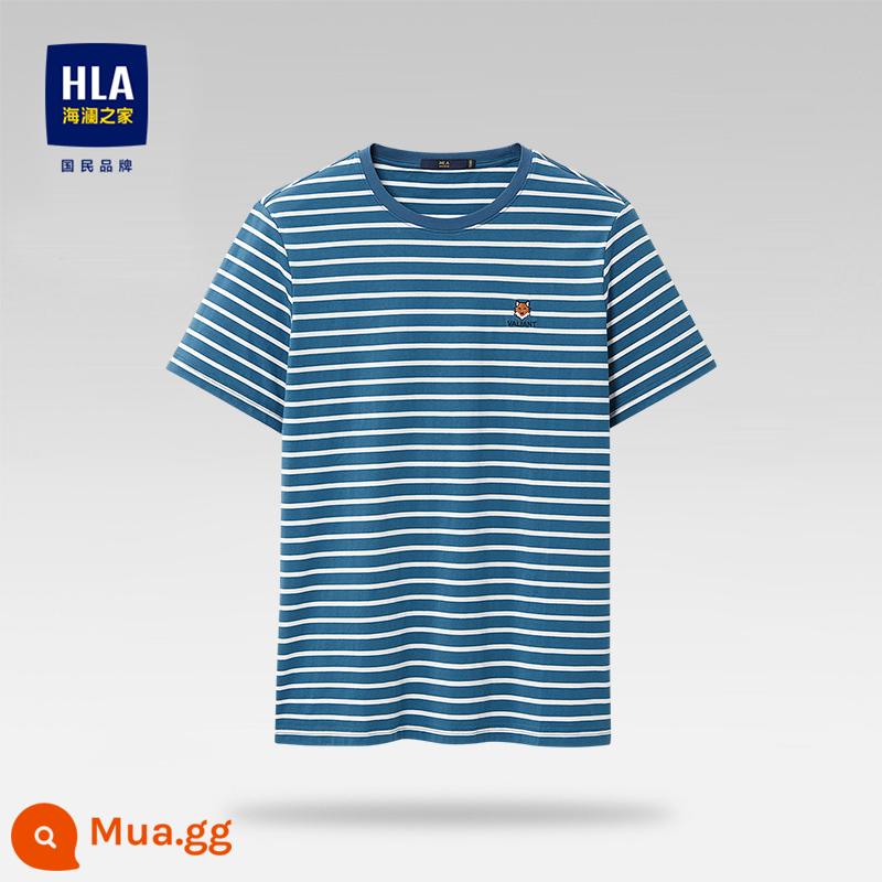 HLA/Hailan House Áo thun ngắn tay cổ tròn cotton nguyên chất mùa hè thoáng mát in hình cotton thoải mái thoáng khí Áo thun nam hàng đầu - Sọc xanh vừa 30 100% cotton