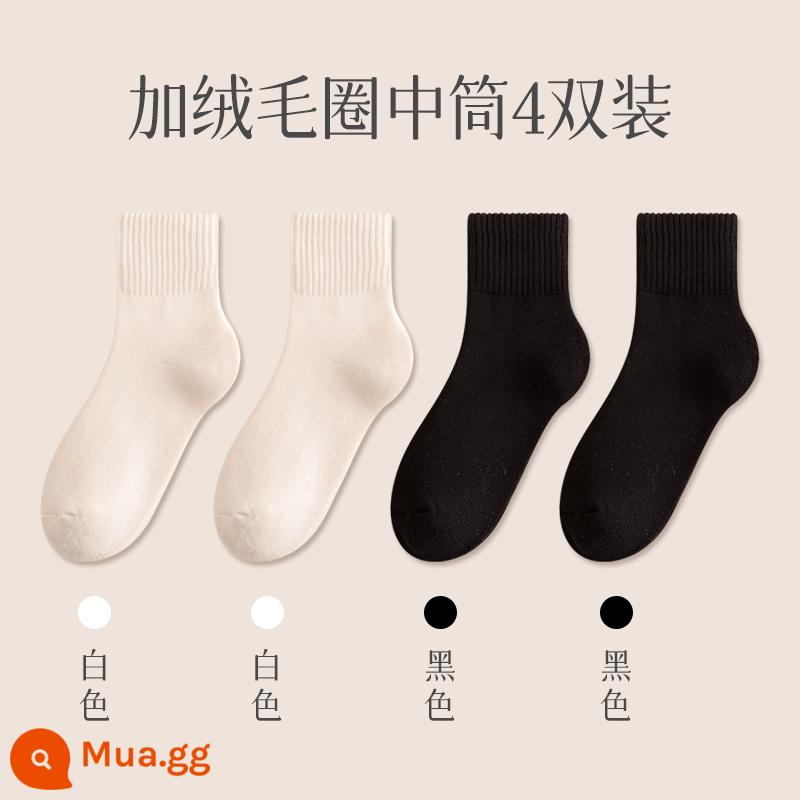 Tất Cotton Nữ Mùa Thu Đông Dày Plus Nhung Ấm Giữa Ống Vớ Mùa Đông Khử Mùi Thoáng Khí Đen Giam Tất - Ống vừa-2 trắng, 2 đen