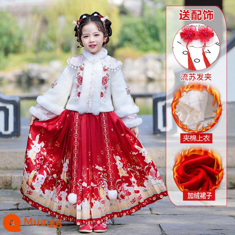 Váy mặt ngựa phong cách dân tộc dành cho nữ sinh Váy thu đông Hanfu Bộ đồ trẻ em 2023 Bộ đồ mùa đông mới Bộ đồ đêm giao thừa Đêm giao thừa - Bộ vest nhung trắng 99331 kèm kẹp tóc tua rua miễn phí