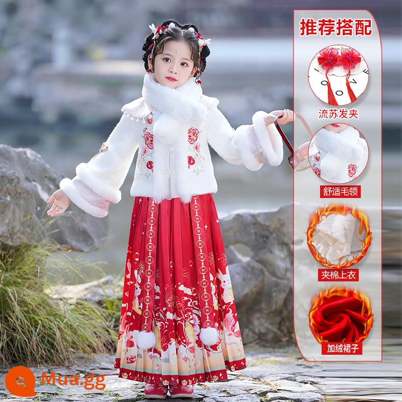 Váy mặt ngựa phong cách dân tộc dành cho nữ sinh Váy thu đông Hanfu Bộ đồ trẻ em 2023 Bộ đồ mùa đông mới Bộ đồ đêm giao thừa Đêm giao thừa - 99331 Suit trắng nhung + cổ lông, kẹp tóc tua rua miễn phí