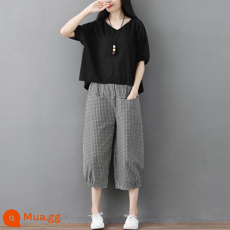 Bộ đồ cotton và vải lanh thời trang dành cho nữ mùa hè văn học nghệ thuật mới cỡ lớn mỏng và nhỏ Bộ đồ hai mảnh bằng vải lanh thông thường kiểu phương Tây mỏng - Quần đen + kẻ sọc