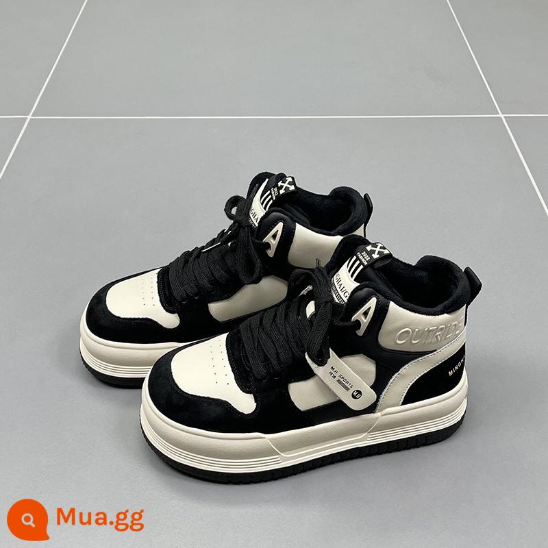 Da Plus Nhung Cao Cấp Giày Nữ Mùa Đông 2022 Mới Đầu Tròn Đáy Dày Dày Ấm Da Bò thể Thao Giày Sneakers - đen