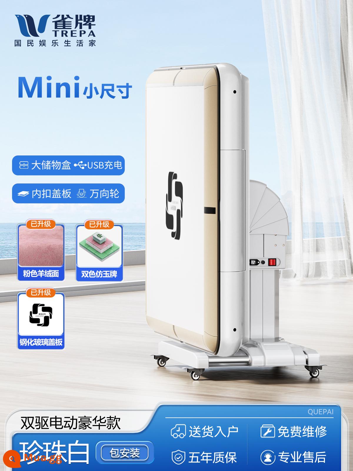 Quepai [tàu lượn siêu tốc mini chạy điện kép] máy mạt chược nhỏ gọn hoàn toàn tự động tại nhà bàn ăn kép sử dụng - 21. Mẫu xe điện sang trọng hai ổ đĩa - tàu lượn mini siêu mỏng - bề mặt cashmere trắng + hồng + thẻ hai màu