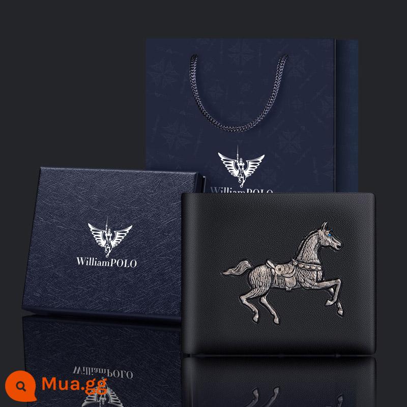 Hoàng Đế Ralph Lauren Polo Ví Da Nam Ngắn 2021 New Light Ví Đơn Giản Sang Trọng Tide Thương Hiệu Đa Năng Không Gian Đựng Thẻ - Mặt cắt ngang màu đen-(Bộ hộp quà màu xanh 211547)