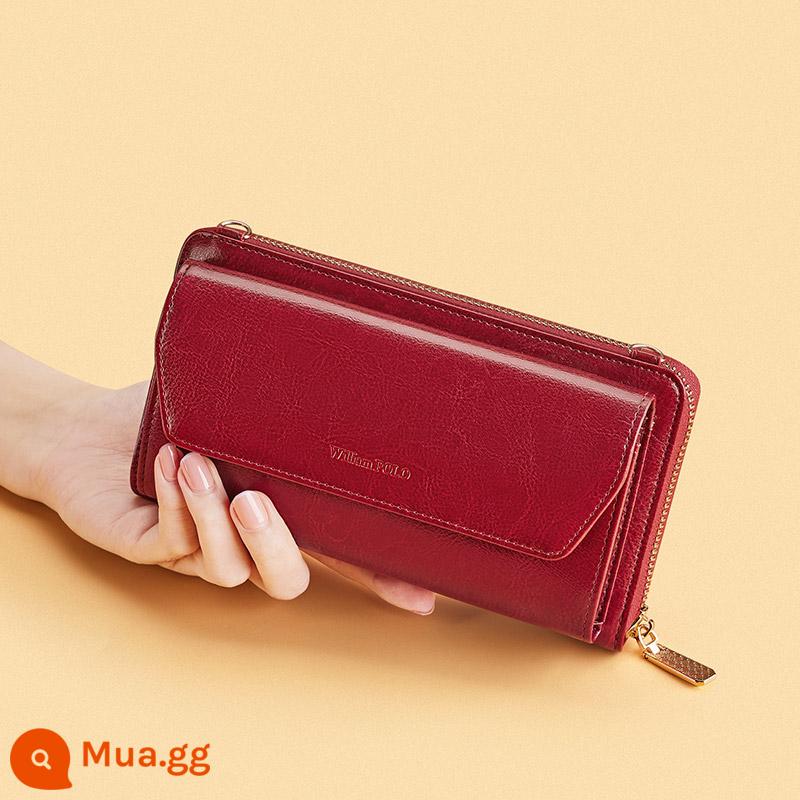 Ví da Emperor Ralph Lauren Polo Leather Clutch Nữ 2022 Phiên bản dài mới Retro Dung lượng lớn Messenger Điện thoại di động - Burgundy [có thể đeo chéo]