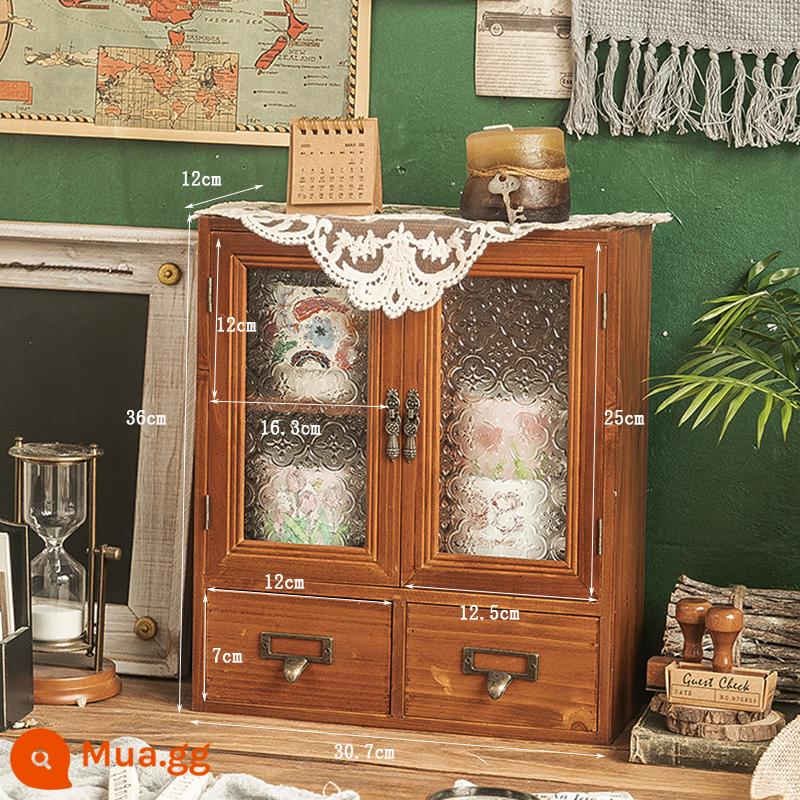 Hộp mù tủ cốc gỗ máy tính để bàn hộp lưu trữ mỹ phẩm bảng kệ retro loại ngăn kéo tay tài khoản hoàn thiện hộp - Công tắc đôi và ba lưới màu đau khổ - Kính Haitang [Kính Haitang có vẻ ngoài cao cấp]