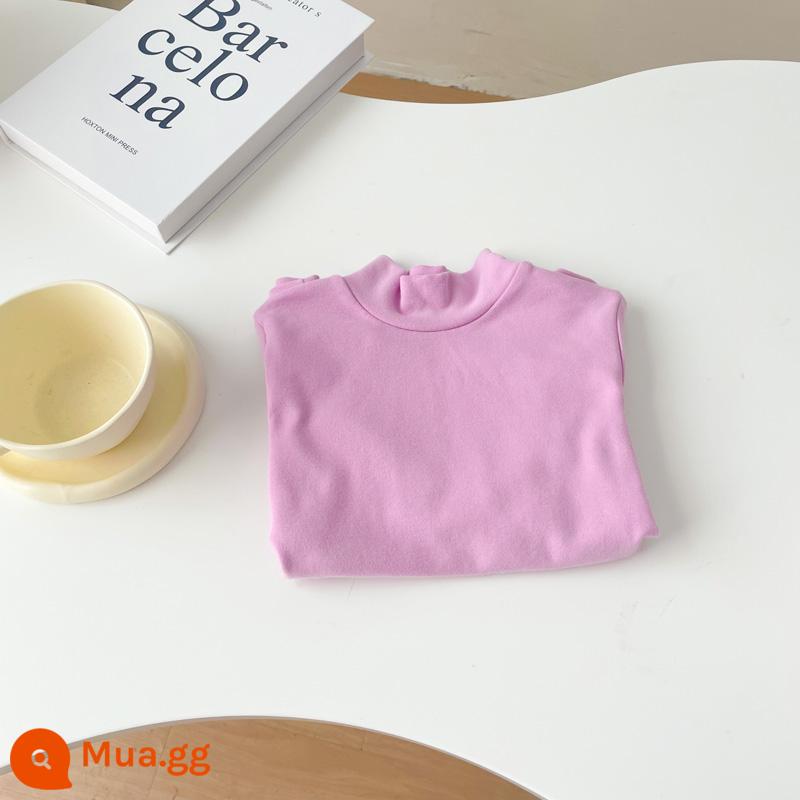 Áo sơ mi cổ tròn bằng vải cotton chải kỹ dành cho trẻ em cho bé trai và bé gái áo thun chui đầu nửa cổ lọ đa năng màu trơn dài tay mùa xuân thu - hồng tím