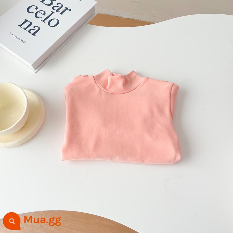 Áo sơ mi cổ tròn bằng vải cotton chải kỹ dành cho trẻ em cho bé trai và bé gái áo thun chui đầu nửa cổ lọ đa năng màu trơn dài tay mùa xuân thu - Mau cam nhạt