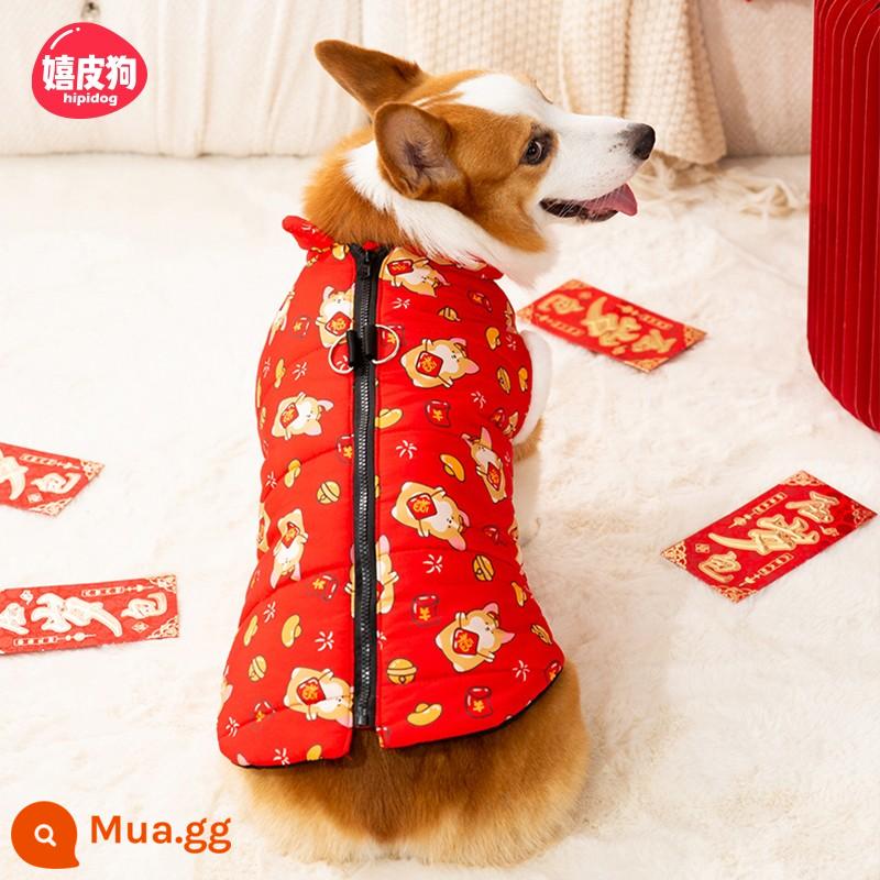 Năm mới Wangwang chó corgi quần áo đặc biệt mùa đông chó cỡ trung bình Pháp chó Shiba chó lông cừu mùa đông thú cưng mùa đông - áo vest đỏ