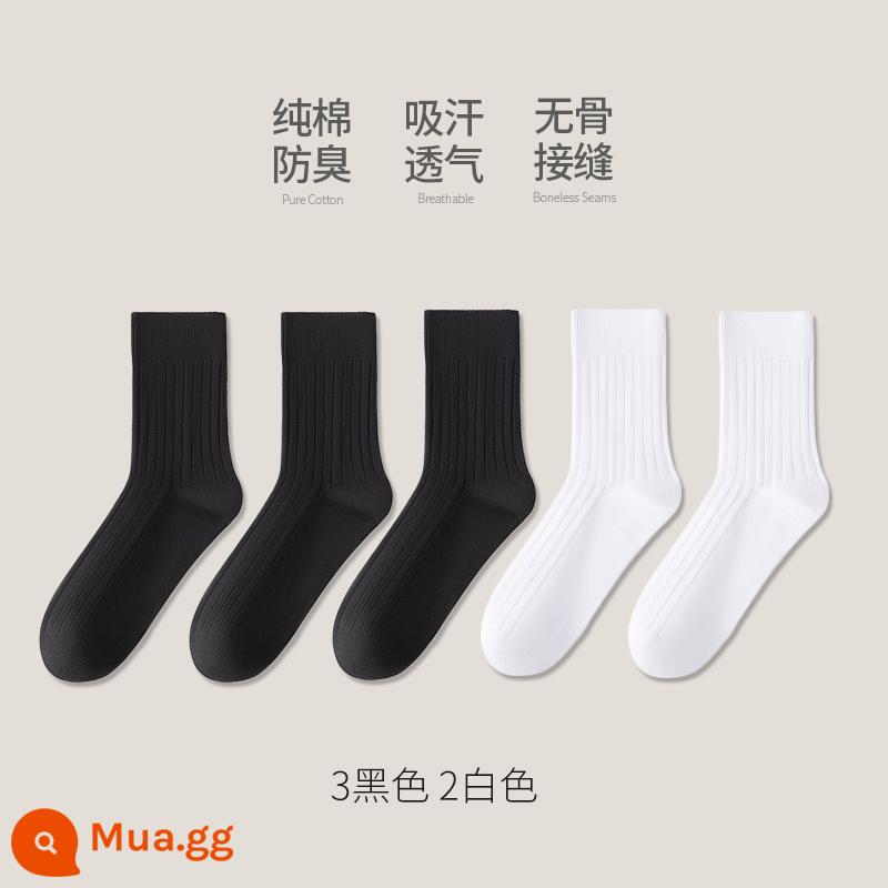 Tất cotton Tân Cương nam ống giữa cotton nguyên chất mùa đông dày dặn khử mùi ống dài kinh doanh thu đông đen cotton nam - [Phong cách thu đông] 3 đen-2 trắng