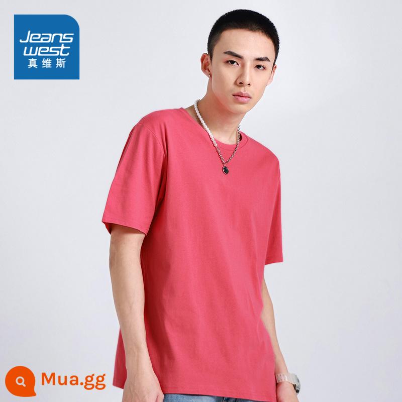 JW Jeanswest nam bông T-shirt mùa xuân và mùa hè đơn giản đồng màu trẻ trung cổ tròn ngắn tay T-shirt học sinh cao cấp - hoa hồng đỏ 2260