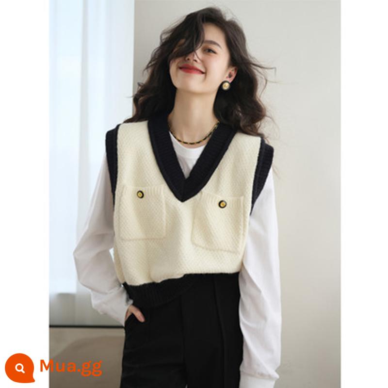 Áo dệt kim nữ xuân thu 2023 áo len trễ vai áo vest ngắn cổ chữ V áo vest vest nhiều lớp áo thu đông - Áo vest trắng [kiểu dáng ngắn rộng/áo không tay/áo vest nhỏ/áo khoác ngoài/áo khoác/xu hướng/xu hướng mùa xuân và mùa thu/đầu mùa thu/Hàng Châu Âu trạm Châu Âu/mùa thu và mùa đông/thời trang/phổ biến và đa năng]