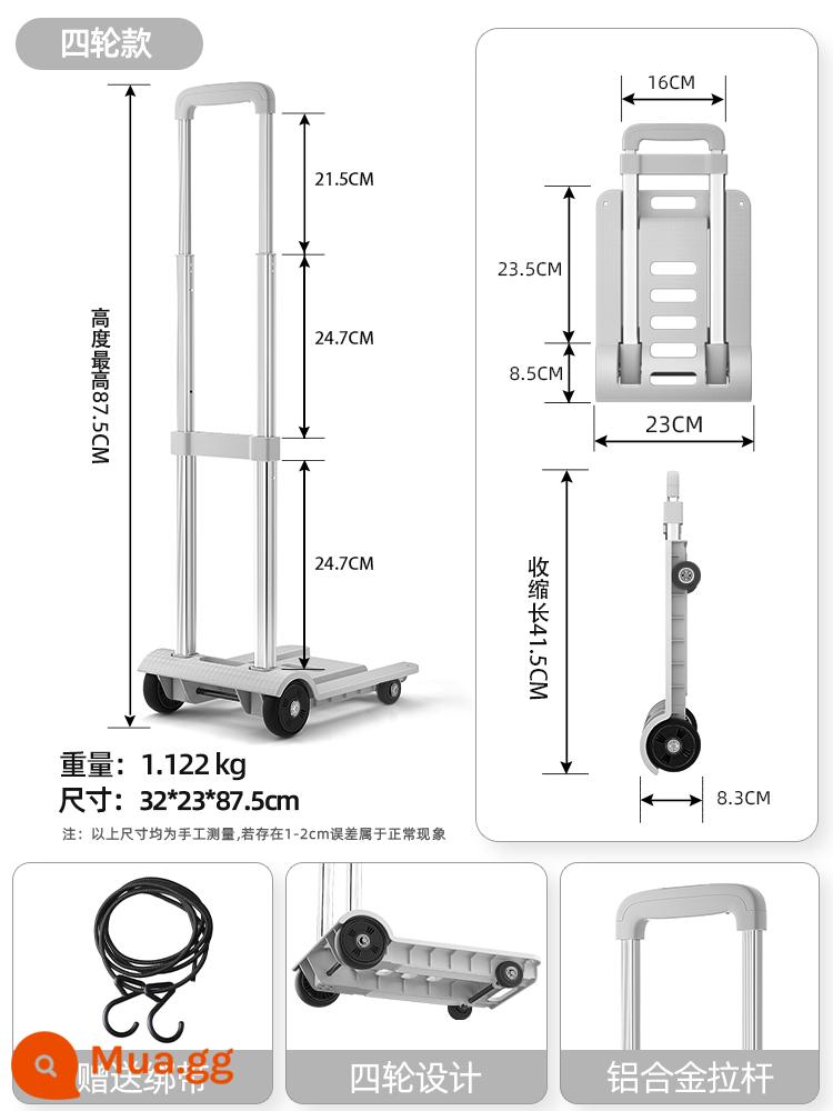 Đi chuyển phát nhanh xe đẩy gấp di động hộ gia đình kéo vật nặng phẳng xe đẩy siêu thị hiện vật kéo xô xe đẩy xe đẩy - Nhẹ và được ưa chuộng - bốn bánh dày màu xám Morandi [thanh kéo/dây đai bằng hợp kim nhôm/điều chỉnh độ cao ba cấp]