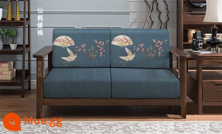 Vỏ ghế sofa bằng gỗ nguyên khối tùy chỉnh, vỏ bọc phổ quát bao gồm tất cả, đệm phổ quát vải lanh Trung Quốc, bọc ghế sofa tùy chỉnh - Hạc xanh xám và hoa mận