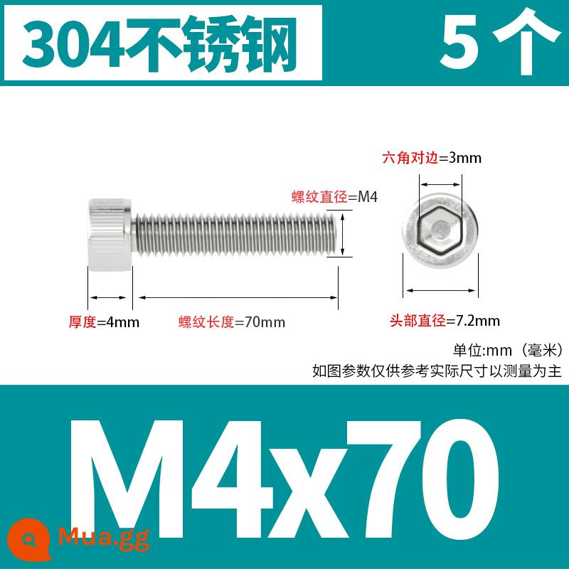 Thép không gỉ 304 cốc đầu lục giác vít đầu trụ vít nối dài 10mm bu lông M2M3M4M5M6M8 - M4*70[5 cái